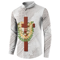 Hawaii Ka Pule a ka Haku Memorial Button Sweatshirt Flower Lei Cross - Ivory White LT7 - Polynesian Pride