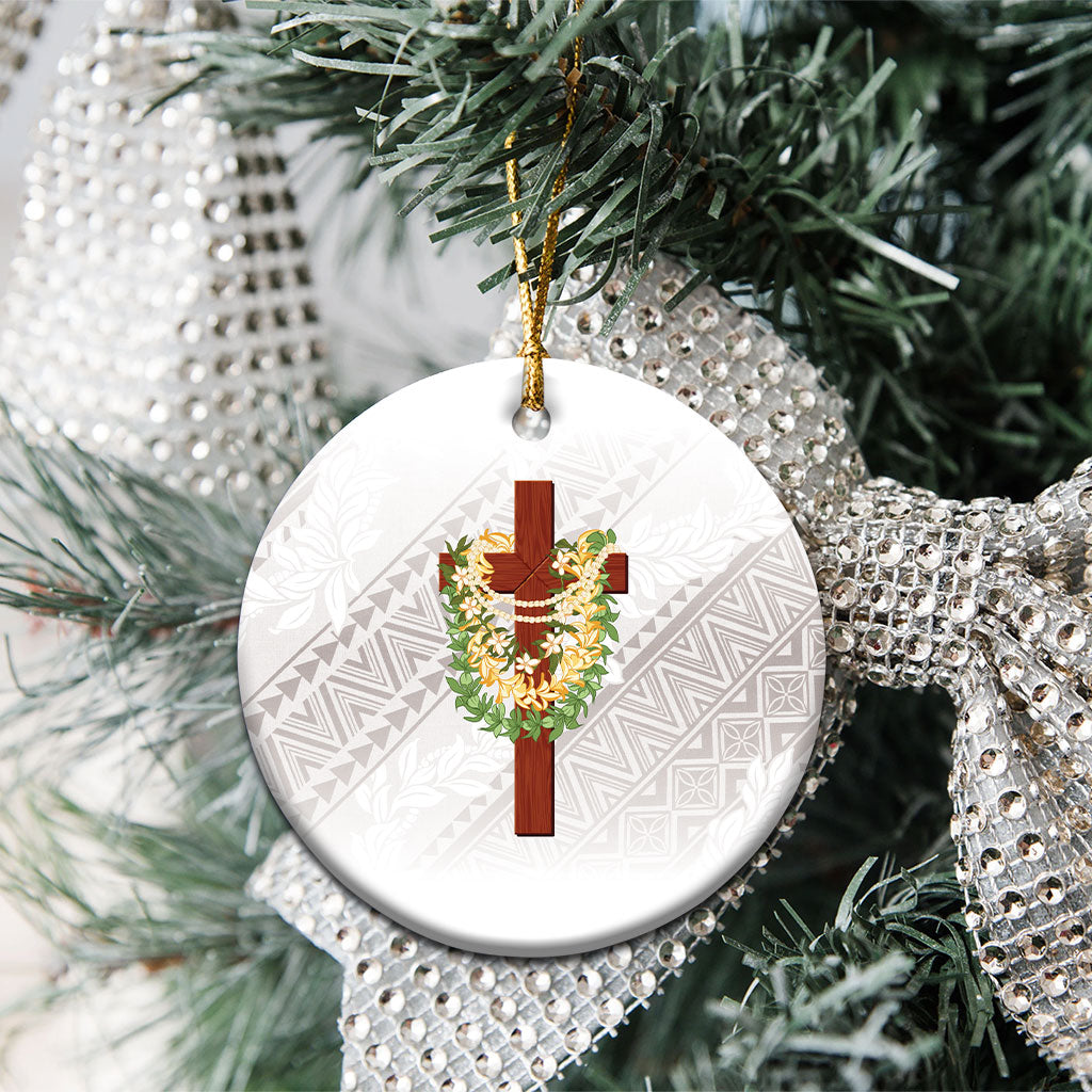 Hawaii Ka Pule a ka Haku Memorial Ceramic Ornament Flower Lei Cross - Ivory White LT7 - Polynesian Pride