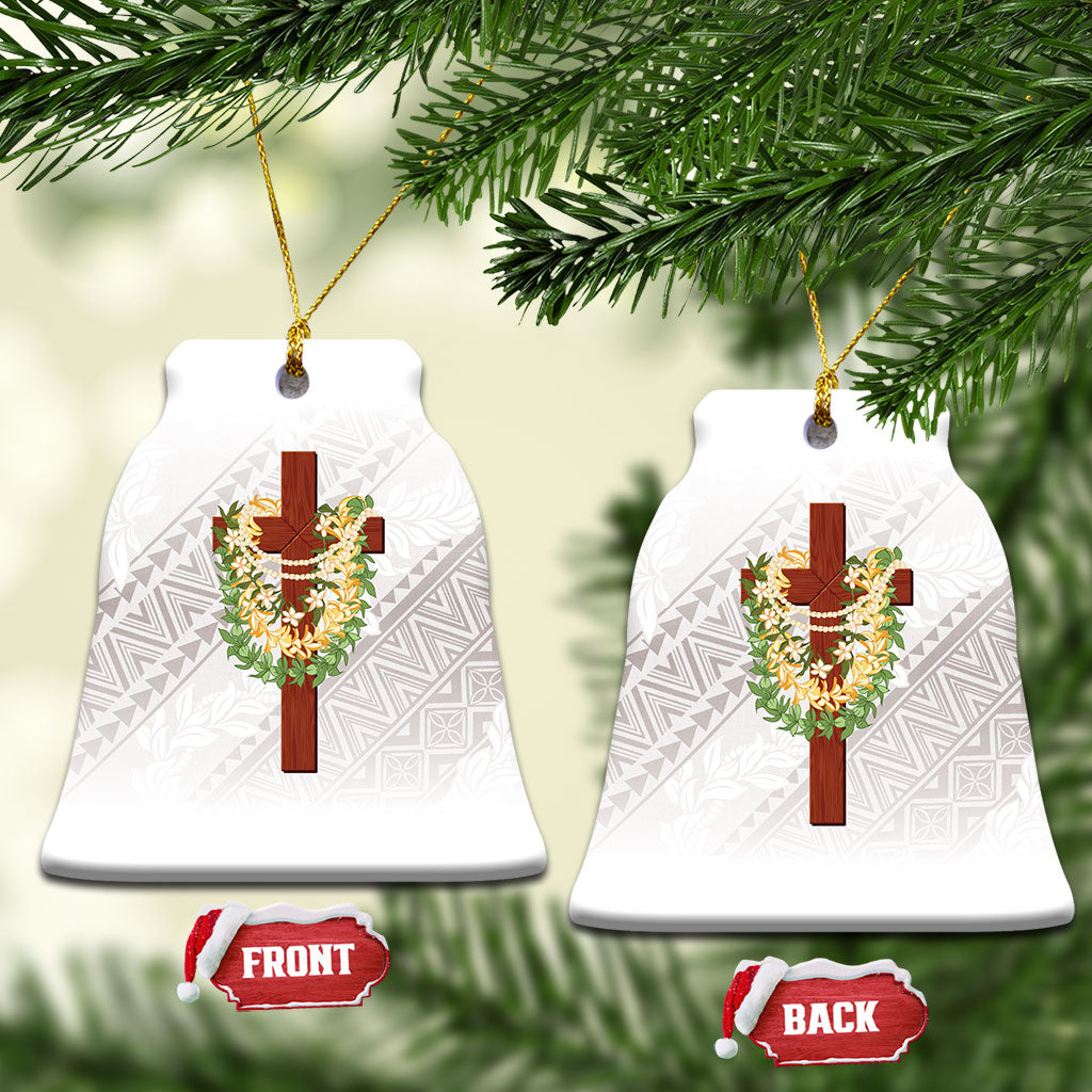 Hawaii Ka Pule a ka Haku Memorial Ceramic Ornament Flower Lei Cross - Ivory White LT7 Bell Flake Ivory - Polynesian Pride