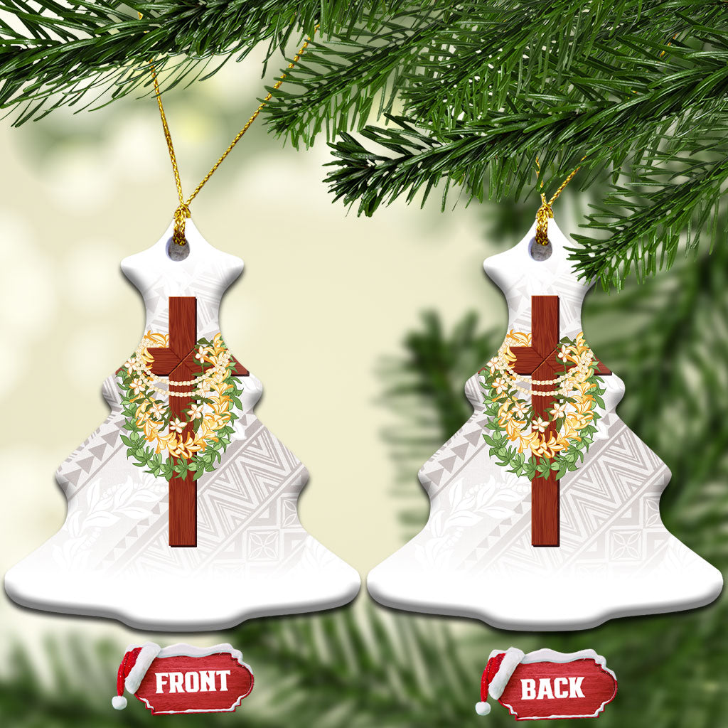 Hawaii Ka Pule a ka Haku Memorial Ceramic Ornament Flower Lei Cross - Ivory White LT7 Christmas Tree Ivory - Polynesian Pride
