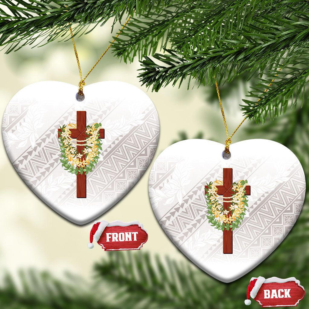 Hawaii Ka Pule a ka Haku Memorial Ceramic Ornament Flower Lei Cross - Ivory White LT7 Heart Ivory - Polynesian Pride