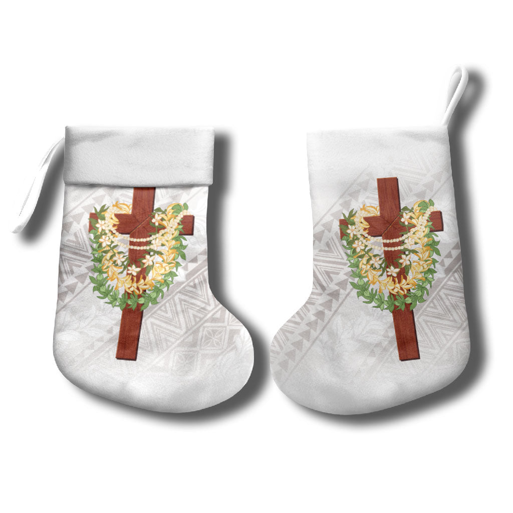 Hawaii Ka Pule a ka Haku Memorial Christmas Stocking Flower Lei Cross - Ivory White LT7 - Polynesian Pride