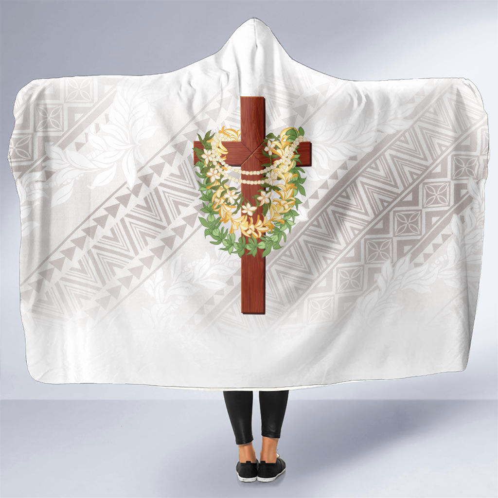 Hawaii Ka Pule a ka Haku Memorial Hooded Blanket Flower Lei Cross - Ivory White LT7 One Size Ivory - Polynesian Pride