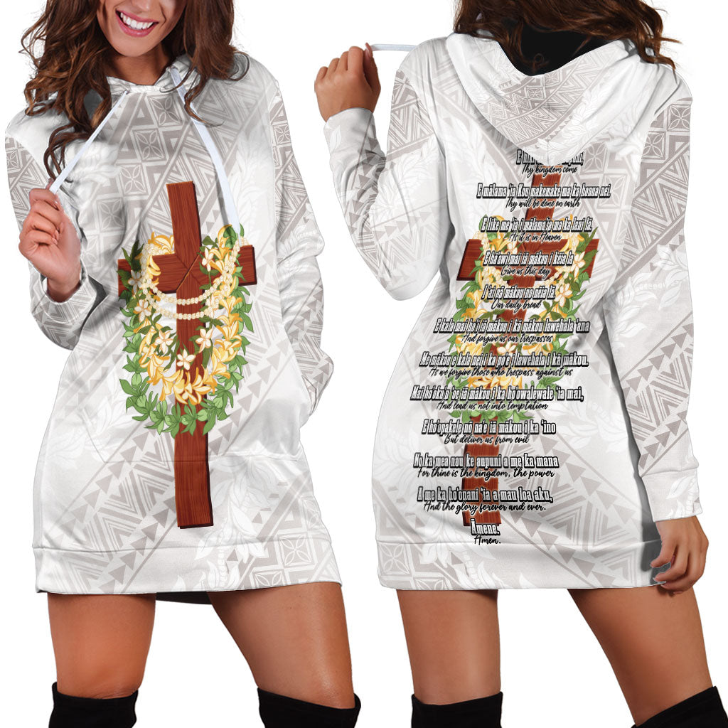 Hawaii Ka Pule a ka Haku Memorial Hoodie Dress Flower Lei Cross - Ivory White LT7 - Polynesian Pride
