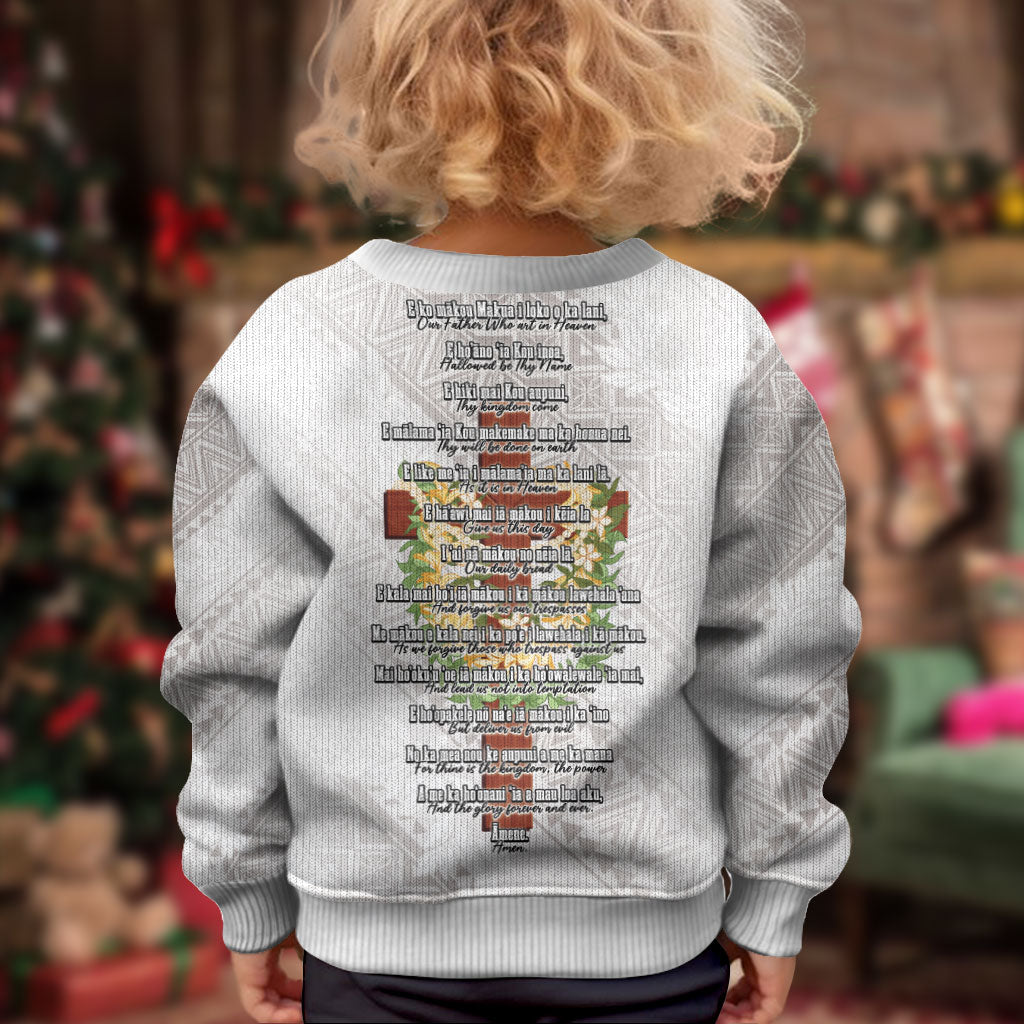 Hawaii Ka Pule a ka Haku Memorial Kid Ugly Christmas Sweater Flower Lei Cross - Ivory White LT7 - Polynesian Pride