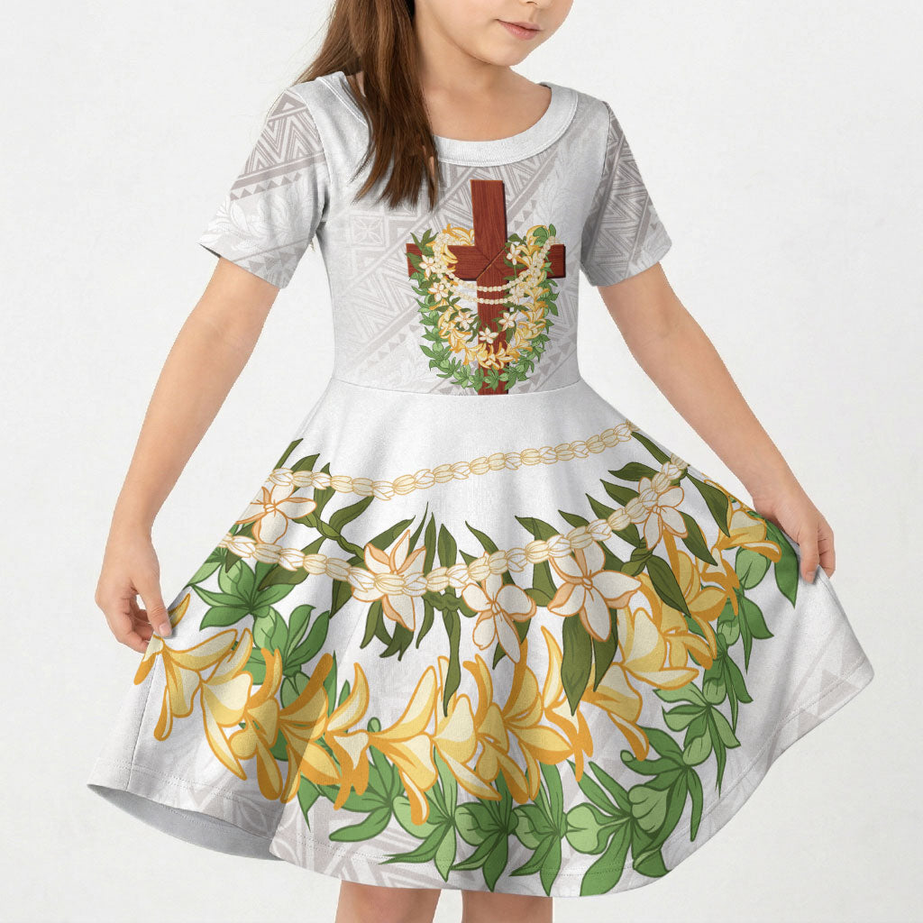 Hawaii ⁠Ka Pule a ka Haku Memorial Kid Short Sleeve Dress Flower Lei Cross - Ivory White