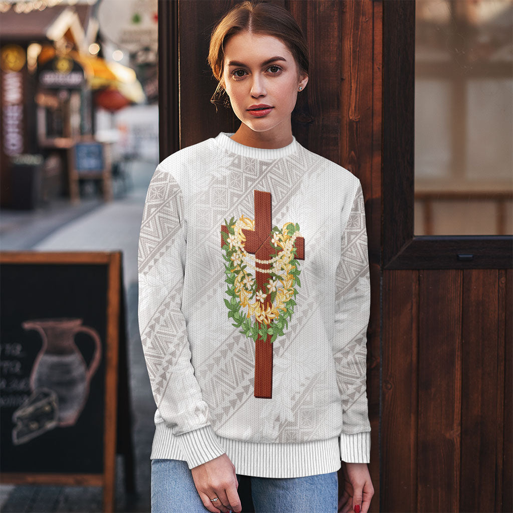 Hawaii Ka Pule a ka Haku Memorial Ugly Christmas Sweater Flower Lei Cross - Ivory White LT7 - Polynesian Pride