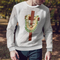 Hawaii Ka Pule a ka Haku Memorial Ugly Christmas Sweater Flower Lei Cross - Ivory White LT7 - Polynesian Pride