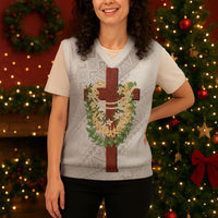 Hawaii Ka Pule a ka Haku Memorial Christmas Knitted V-Neck Vest Flower Lei Cross - Ivory White LT7 - Polynesian Pride