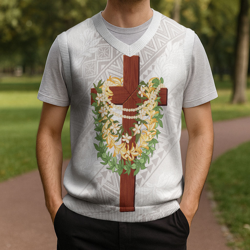 Hawaii Ka Pule a ka Haku Memorial Christmas Knitted V-Neck Vest Flower Lei Cross - Ivory White LT7 - Polynesian Pride