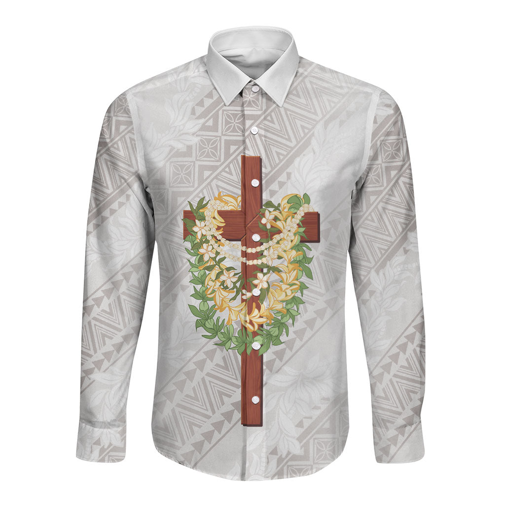 Hawaii Ka Pule a ka Haku Memorial Long Sleeve Button Shirt Flower Lei Cross - Ivory White LT7 Unisex Ivory - Polynesian Pride