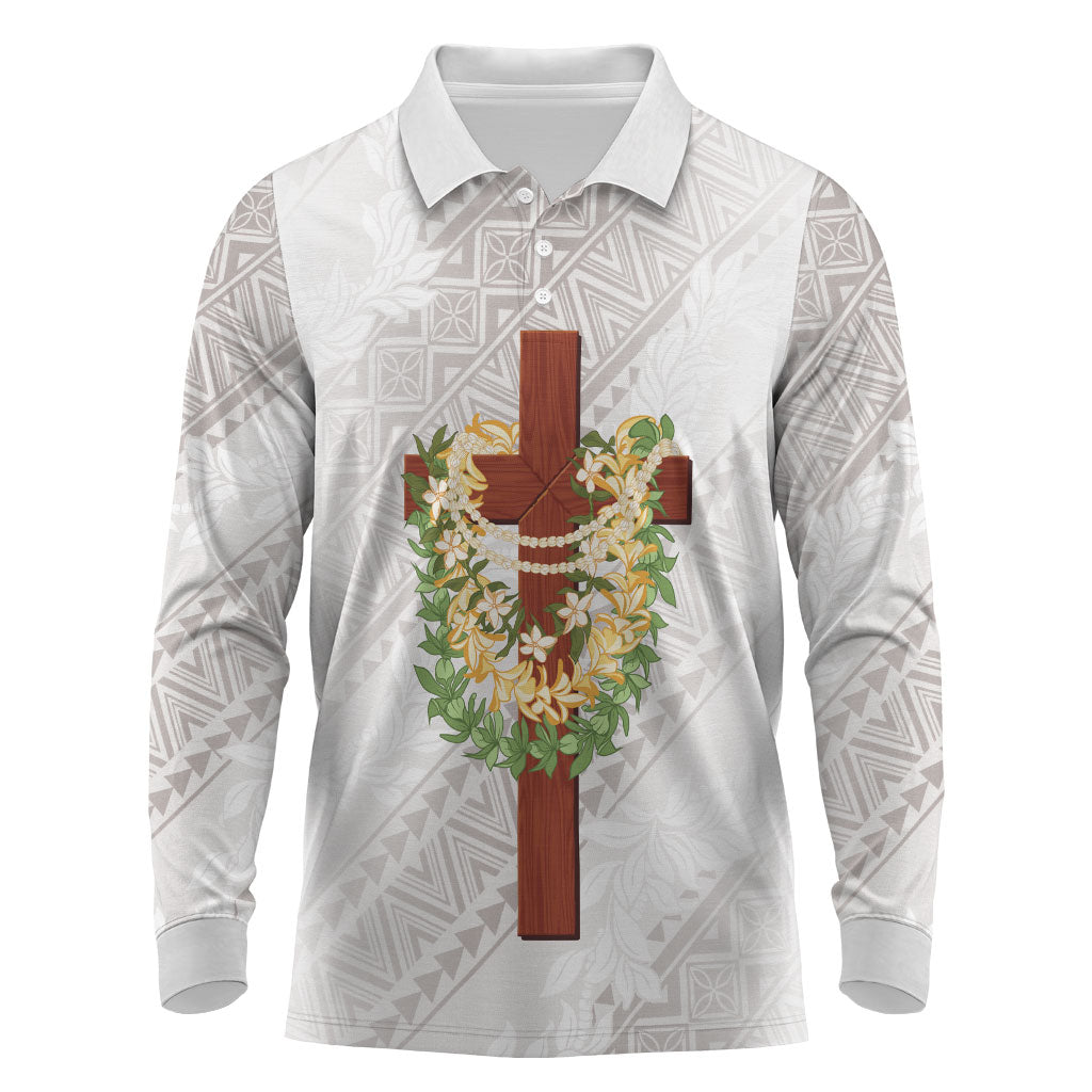 Hawaii Ka Pule a ka Haku Memorial Long Sleeve Polo Shirt Flower Lei Cross - Ivory White LT7 Ivory - Polynesian Pride