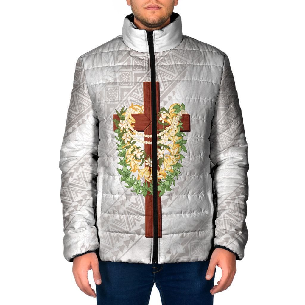 Hawaii ⁠Ka Pule a ka Haku Memorial Padded Jacket Flower Lei Cross - Ivory White