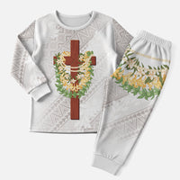 Hawaii Ka Pule a ka Haku Memorial Christmas Pajama Set Flower Lei Cross - Ivory White LT7 Men Ivory - Polynesian Pride