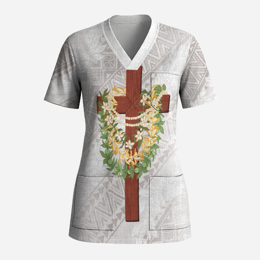 Hawaii Ka Pule a ka Haku Memorial Scrub Top Flower Lei Cross - Ivory White LT7 Adult Ivory - Polynesian Pride