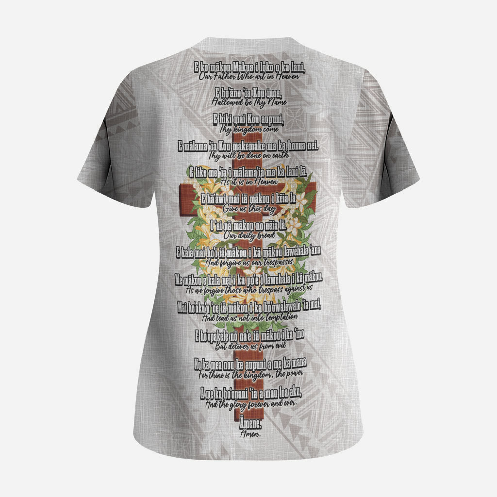 Hawaii Ka Pule a ka Haku Memorial Scrub Top Flower Lei Cross - Ivory White LT7 - Polynesian Pride