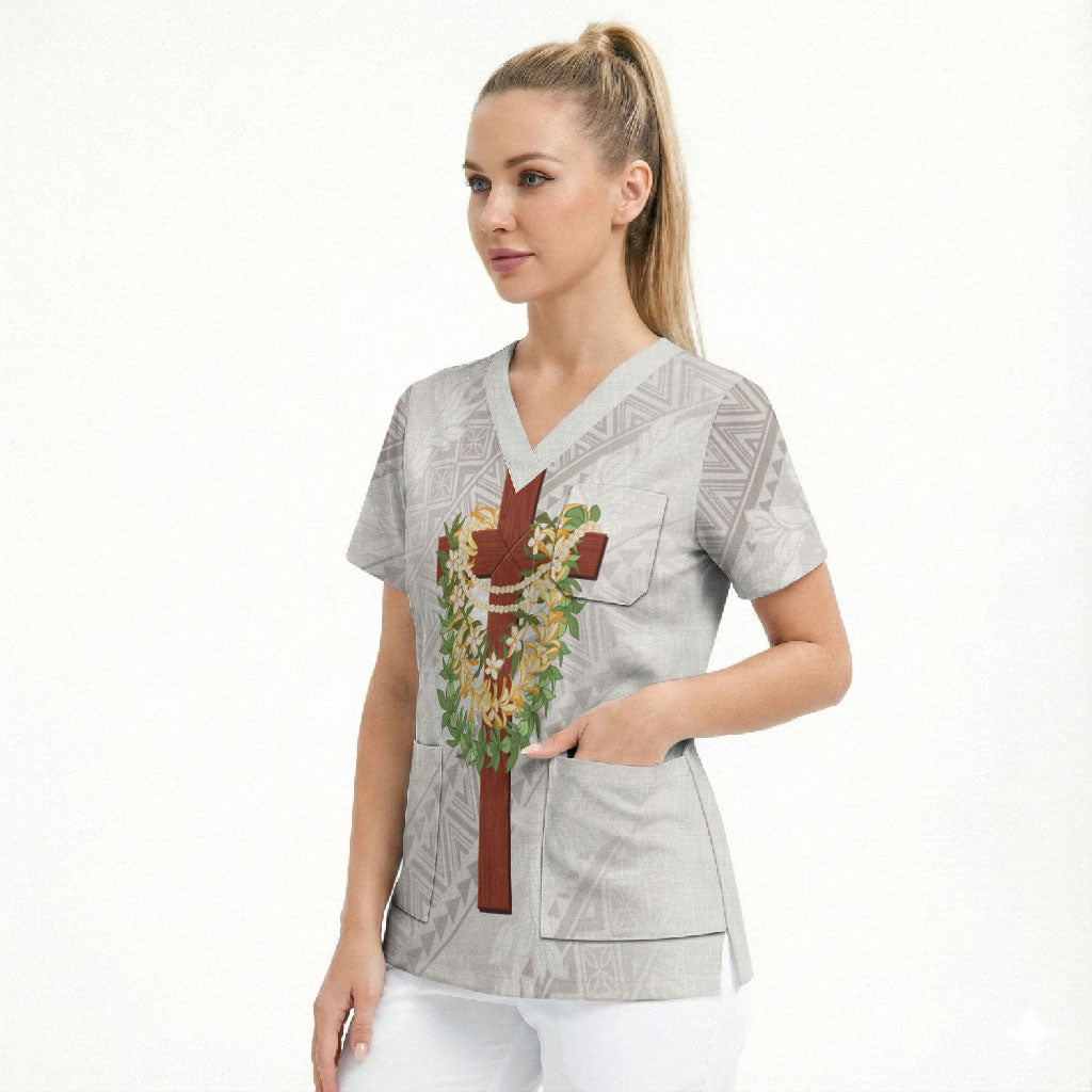 Hawaii Ka Pule a ka Haku Memorial Scrub Top Flower Lei Cross - Ivory White LT7 - Polynesian Pride