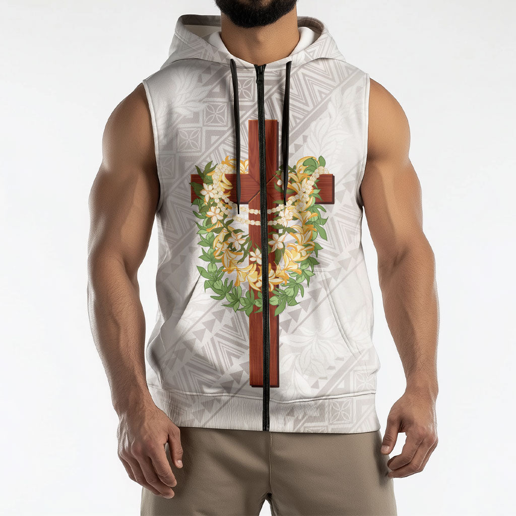 Hawaii Ka Pule a ka Haku Memorial Sleeveless Zip Hoodie Flower Lei Cross - Ivory White LT7 - Polynesian Pride