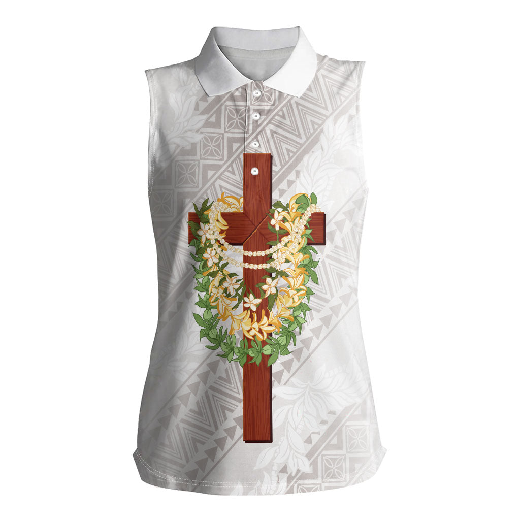 Hawaii ⁠Ka Pule a ka Haku Memorial Women Sleeveless Polo Shirt Flower Lei Cross - Ivory White