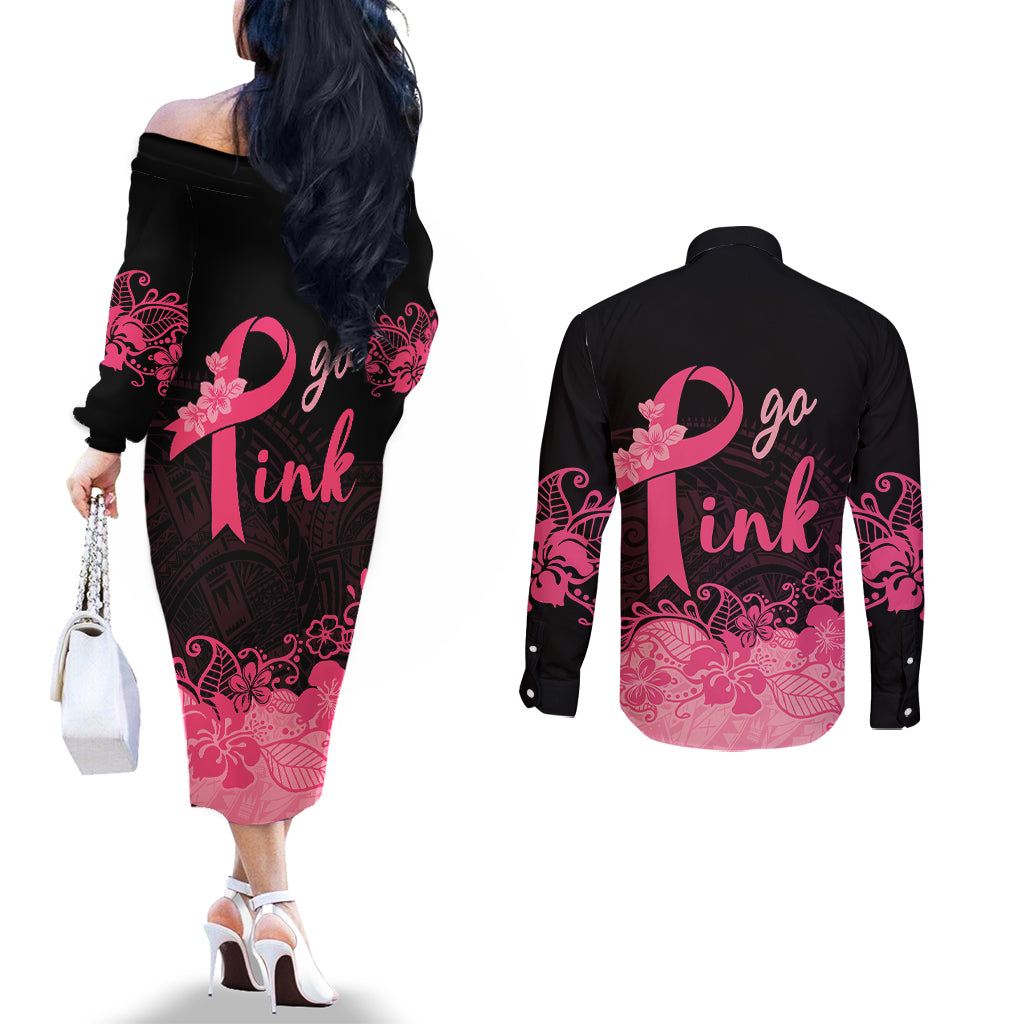 Polynesian Couples Matching Off The Shoulder Long Sleeve Dress and Long Sleeve Button Shirts Plumeria Breast Cancer Awareness Survivor Ribbon Pink LT7 - Polynesian Pride