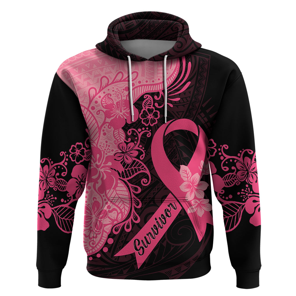 Polynesian Hoodie Plumeria Breast Cancer Awareness Survivor Ribbon Pink LT7 Black Pink - Polynesian Pride