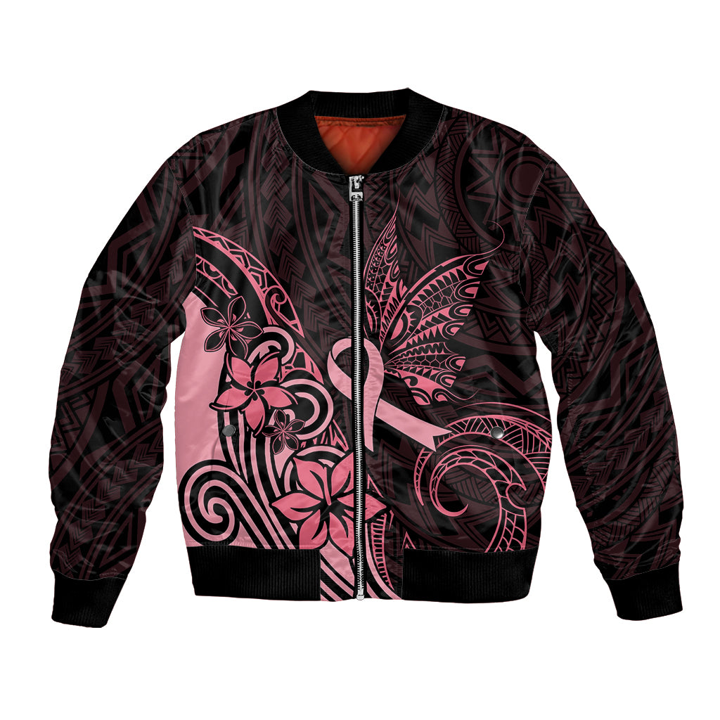 Polynesian Bomber Jacket Breast Cancer RIbbon Butterfly Mix Plumeria Curves Pink LT7 Unisex Black Pink - Polynesian Pride