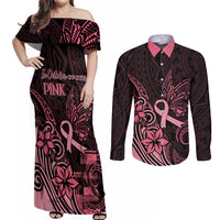 Polynesian Couples Matching Off Shoulder Maxi Dress and Long Sleeve Button Shirts Breast Cancer RIbbon Butterfly Mix Plumeria Curves Pink LT7 Black Pink - Polynesian Pride