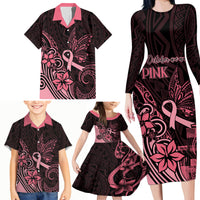 Polynesian Family Matching Long Sleeve Bodycon Dress and Hawaiian Shirt Breast Cancer RIbbon Butterfly Mix Plumeria Curves Pink LT7 - Polynesian Pride