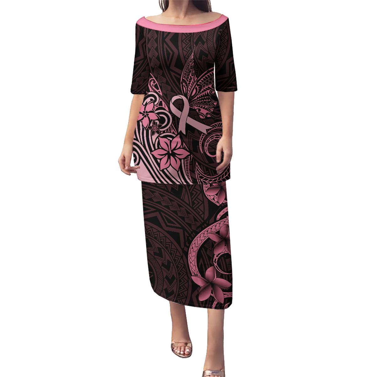 Polynesian Family Matching Puletasi Dress and Hawaiian Shirt Breast Cancer RIbbon Butterfly Mix Plumeria Curves Pink LT7 Mom's Dress Black Pink - Polynesian Pride