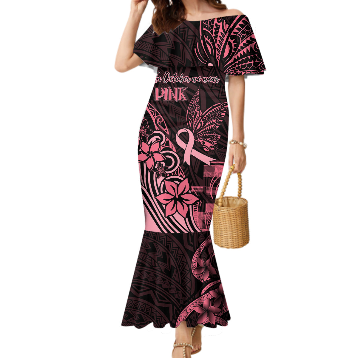 Polynesian Mermaid Dress Breast Cancer RIbbon Butterfly Mix Plumeria Curves Pink LT7 Women Black Pink - Polynesian Pride