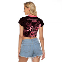 Polynesian Raglan Cropped T Shirt Breast Cancer RIbbon Butterfly Mix Plumeria Curves Pink LT7 - Polynesian Pride