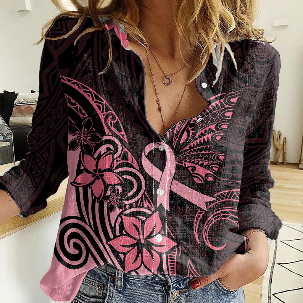 Polynesian Women Casual Shirt Breast Cancer RIbbon Butterfly Mix Plumeria Curves Pink LT7 Female Black Pink - Polynesian Pride