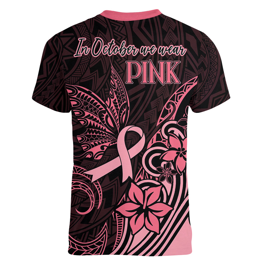 Polynesian Women V Neck T Shirt Breast Cancer RIbbon Butterfly Mix Plumeria Curves Pink LT7 - Polynesian Pride