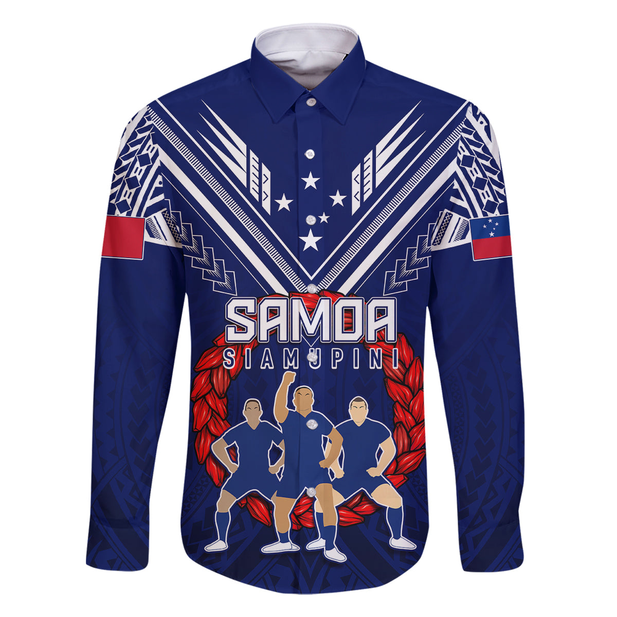 Personalised Samoa Rugby Family Matching Summer Maxi Dress and Hawaiian Shirt World Cup 2023 Siamupini Siva Tau LT7 Dad's Shirt - Long Sleeve Blue - Polynesian Pride