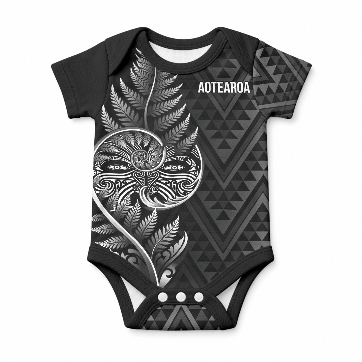 New Zealand Ta Moko Silver Fern Baby Onesie Taniko Taniwha Motifs