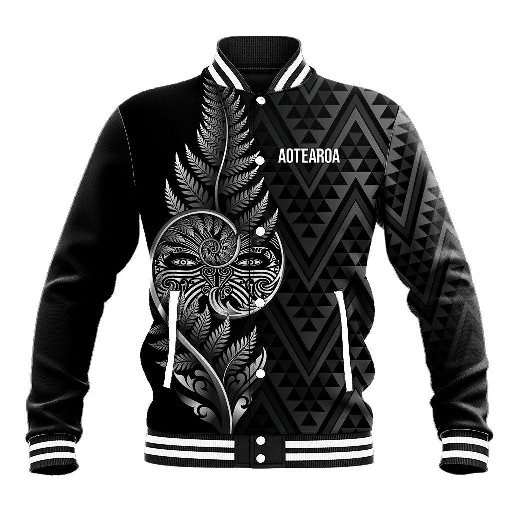 New Zealand Ta Moko Silver Fern Baseball Jacket Taniko Taniwha Motifs LT7 Unisex Black - Polynesian Pride
