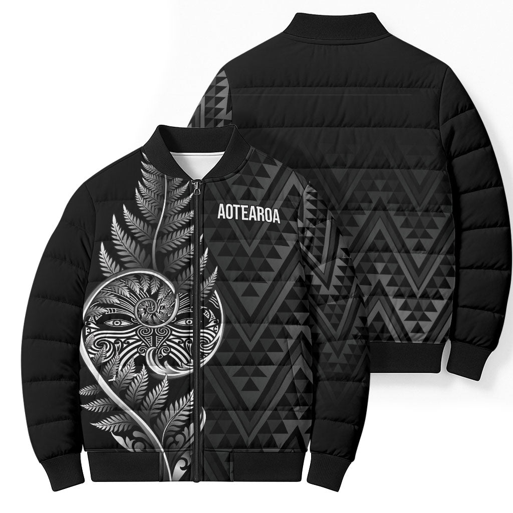 New Zealand Ta Moko Silver Fern Bomber Puffer Jacket Taniko Taniwha Motifs