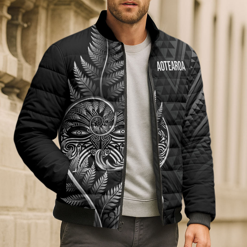 New Zealand Ta Moko Silver Fern Bomber Puffer Jacket Taniko Taniwha Motifs