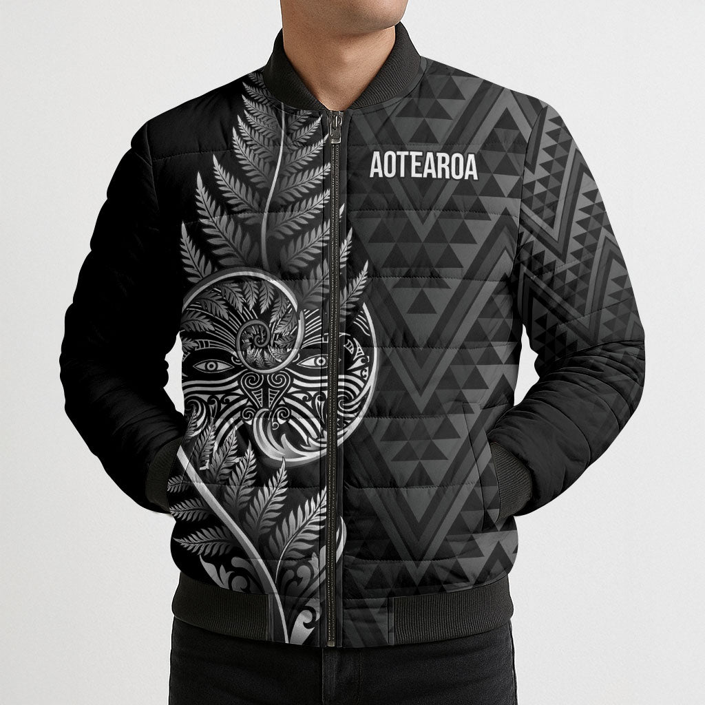 New Zealand Ta Moko Silver Fern Bomber Puffer Jacket Taniko Taniwha Motifs