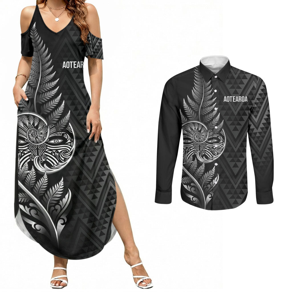 New Zealand Ta Moko Silver Fern Couples Matching Summer Maxi Dress and Long Sleeve Button Shirt Taniko Taniwha Motifs LT7 Black - Polynesian Pride