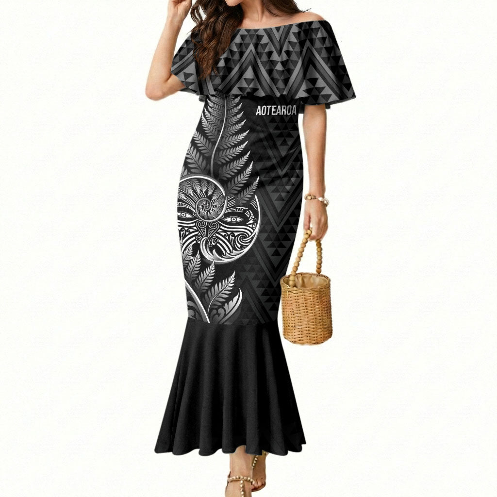 New Zealand Ta Moko Silver Fern Mermaid Dress Taniko Taniwha Motifs LT7 Women Black - Polynesian Pride