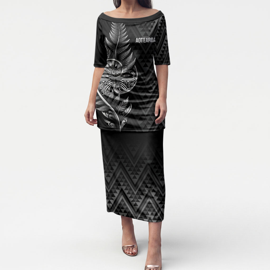 New Zealand Ta Moko Silver Fern Puletasi Taniko Taniwha Motifs LT7 Long Dress Black - Polynesian Pride