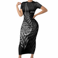 New Zealand Ta Moko Silver Fern Short Sleeve Bodycon Dress Taniko Taniwha Motifs LT7 Long Dress Black - Polynesian Pride