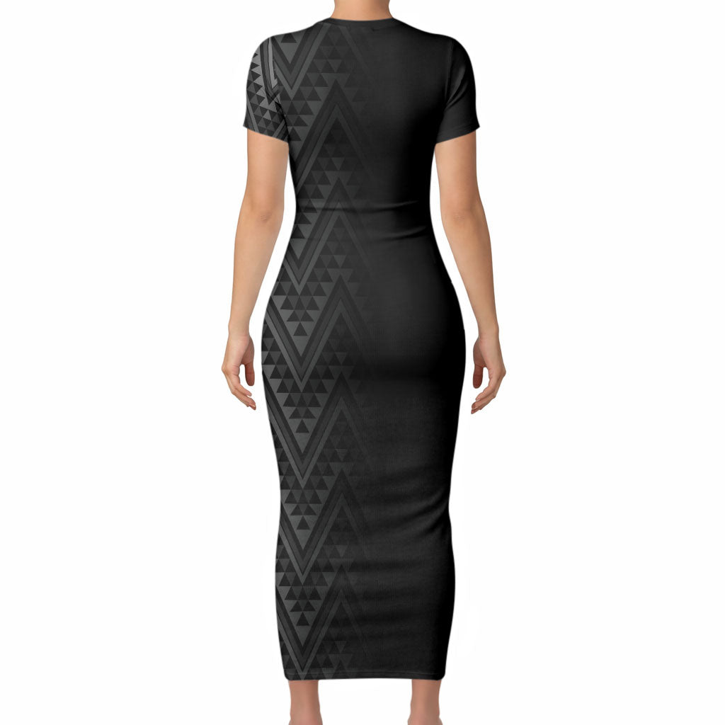 New Zealand Ta Moko Silver Fern Short Sleeve Bodycon Dress Taniko Taniwha Motifs LT7 - Polynesian Pride