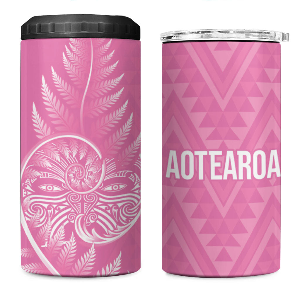 New Zealand Ta Moko Silver Fern Pink 4 in 1 Can Cooler Tumbler Taniko Taniwha Motifs