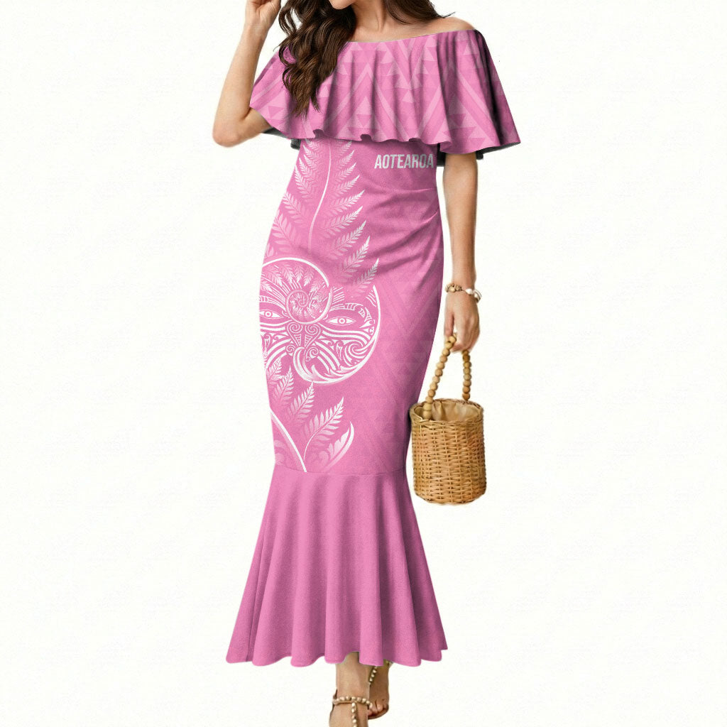 New Zealand Ta Moko Silver Fern Pink Mermaid Dress Taniko Taniwha Motifs LT7 Women Pink - Polynesian Pride
