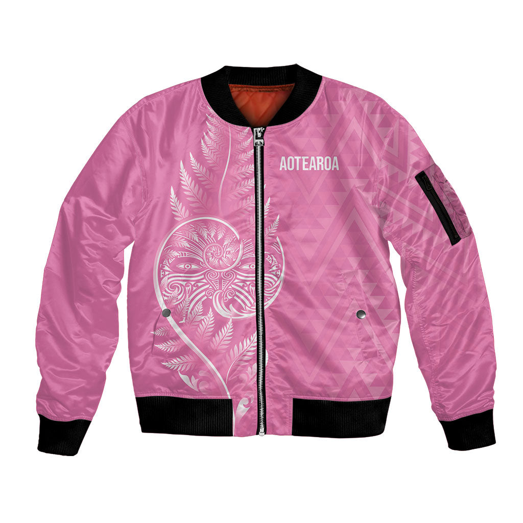 New Zealand Ta Moko Silver Fern Pink Sleeve Zip Bomber Jacket Taniko Taniwha Motifs LT7 Unisex Pink - Polynesian Pride