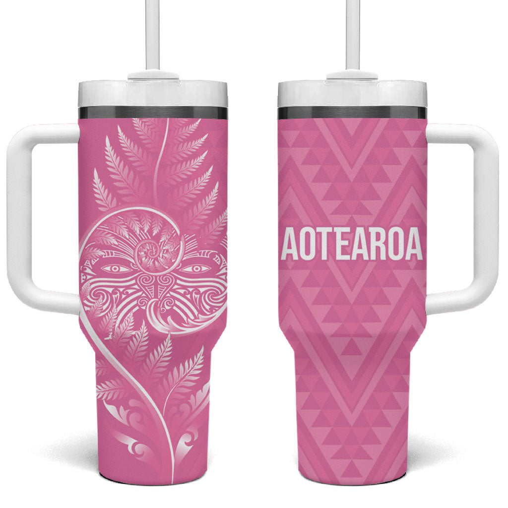 New Zealand Ta Moko Silver Fern Pink Tumbler With Handle Taniko Taniwha Motifs