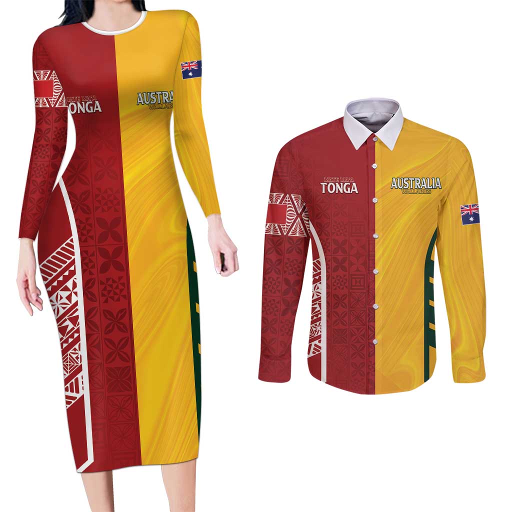 Australia - Tonga Rugby Custom Couples Matching Long Sleeve Bodycon Dress and Long Sleeve Button Shirt Minimalist Dynamic