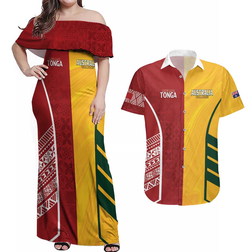 Australia - Tonga Rugby Custom Couples Matching Off Shoulder Maxi Dress and Hawaiian Shirt Minimalist Dynamic LT7 Colorful - Polynesian Pride